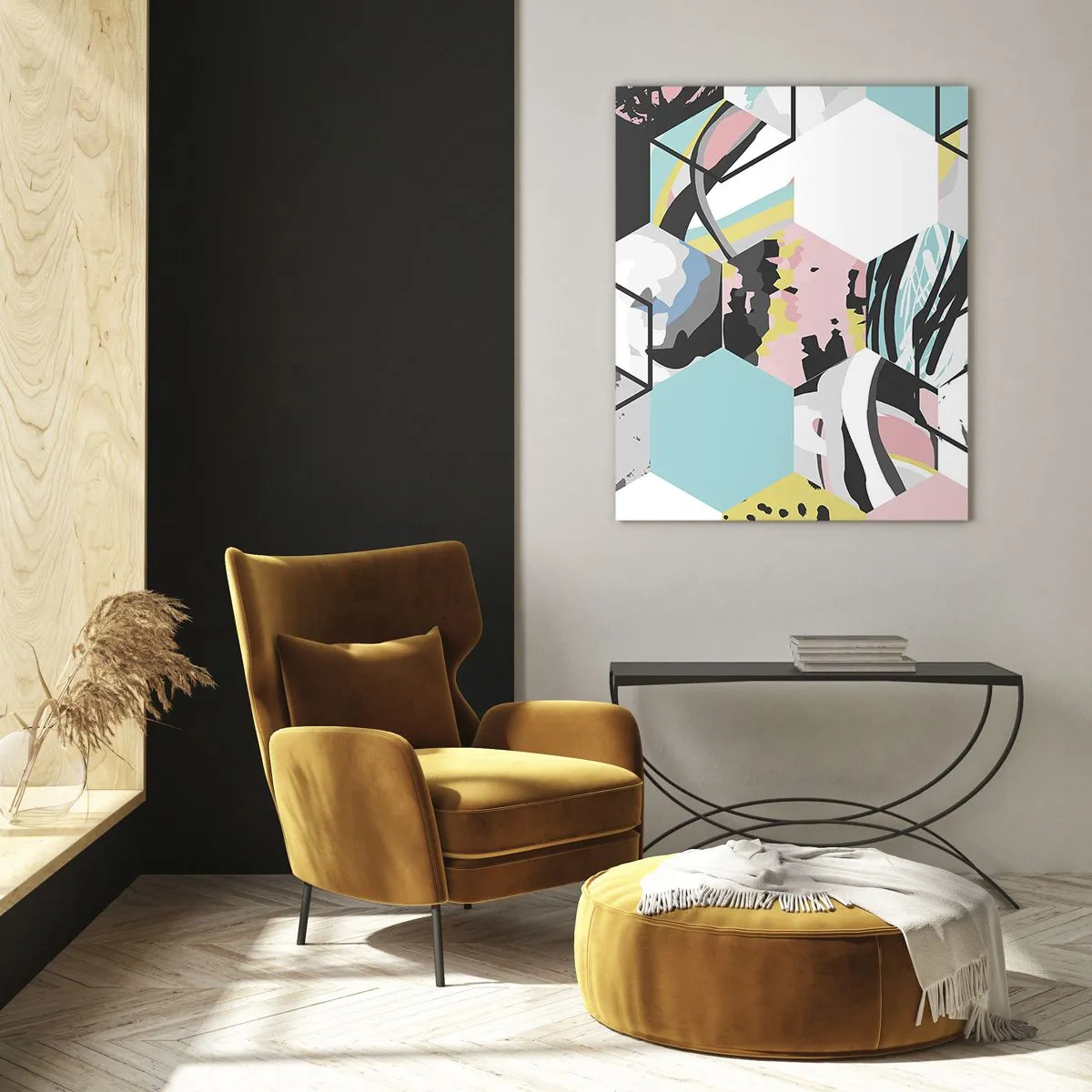Schilderen op glas - Zeshoeken en kubussen in zes kleuren - 50x70 cm
