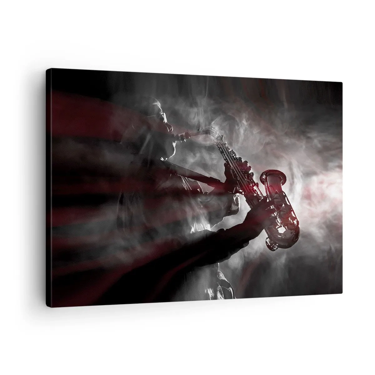 Schilderen op canvas - Saxofonist in rook op het podium in atmosferisch zwart en rood - 70x50cm - In de dampen van jazz - Moderne wanddecoratie voor woonkamer en slaapkamer ARTTOR
