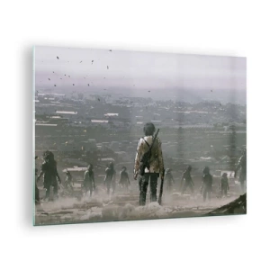 Schilderen op glas - Een figuur met een geweer in het donkere landschap van een naderende groep - 70x50cm - Laatste Rechtvaardige? - Moderne wanddecoratie voor woonkamer en slaapkamer ARTTOR