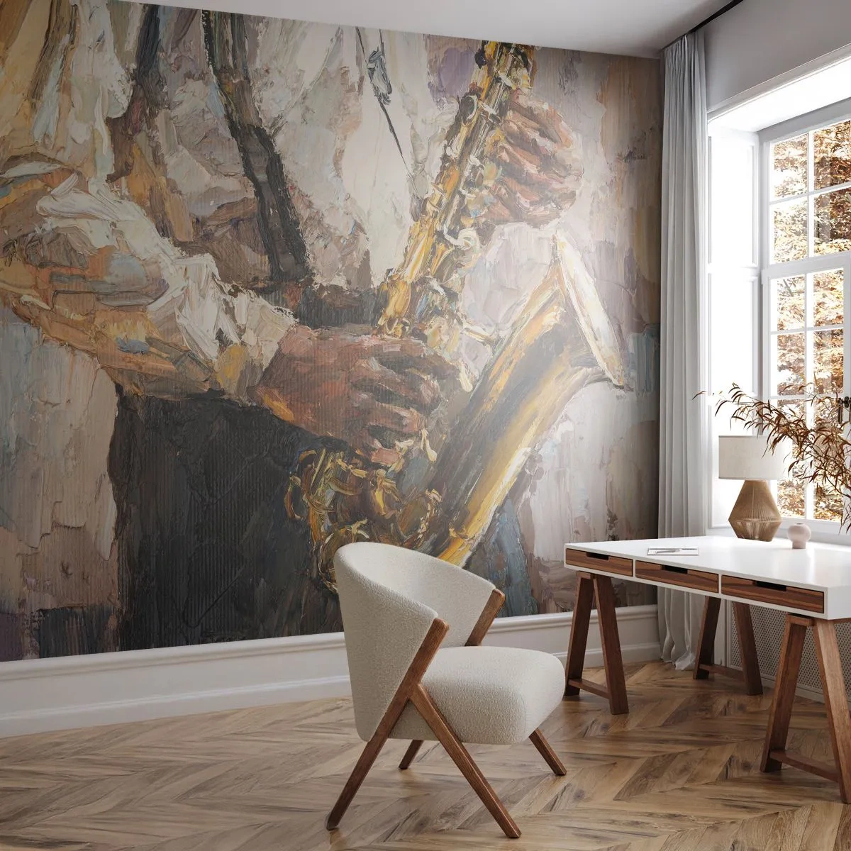 Zelfklevend Fotobehang Deluxe Sticker - Tijd om te solo te spelen - Saxofoon, Muziek, Schilderen - 250x175 cm