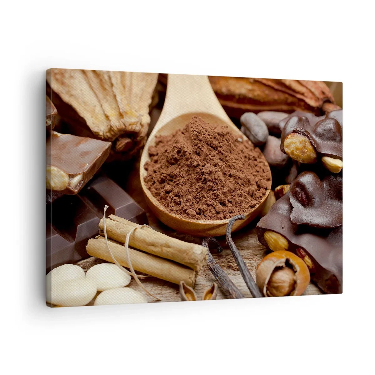 Schilderen op canvas - Een lepel cacao- en chocolade-ingrediënten in een rustieke opstelling - 70x50cm - Het beste voor verdriet - Moderne wanddecoratie voor woonkamer en slaapkamer ARTTOR