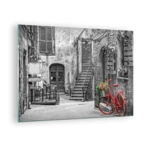 Schilderen op glas - Zwart-witte straat met een rode fiets - 70x50cm - Toscaanse steeg - Moderne wanddecoratie voor woonkamer en slaapkamer ARTTOR