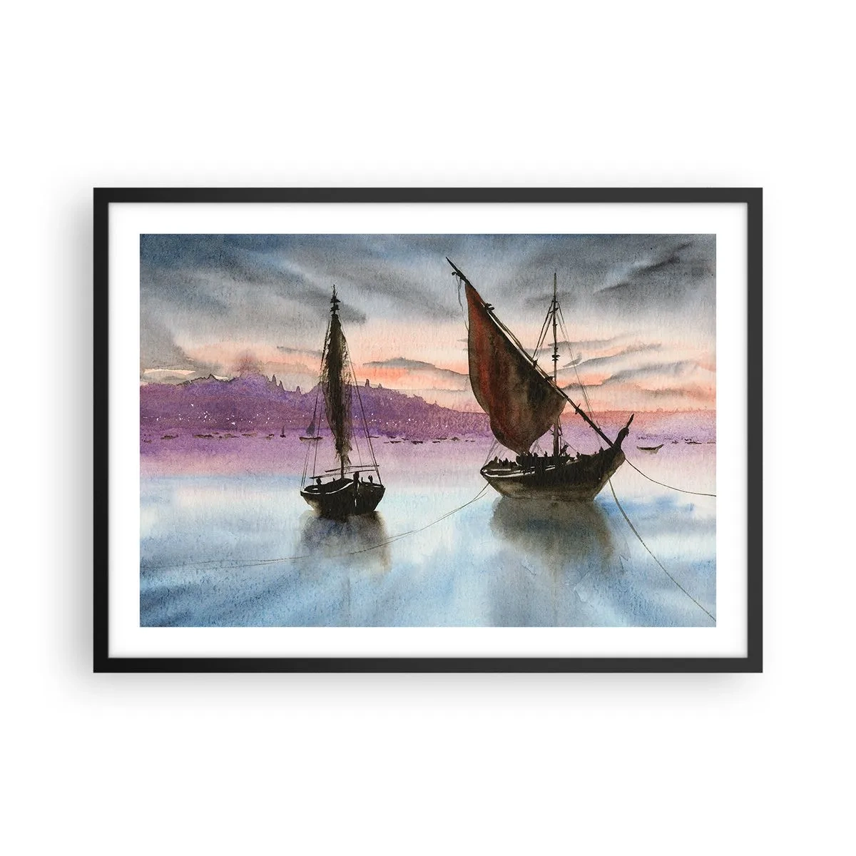 Poster in een zwarte lijst - Avond in de haven - 70x50 cm