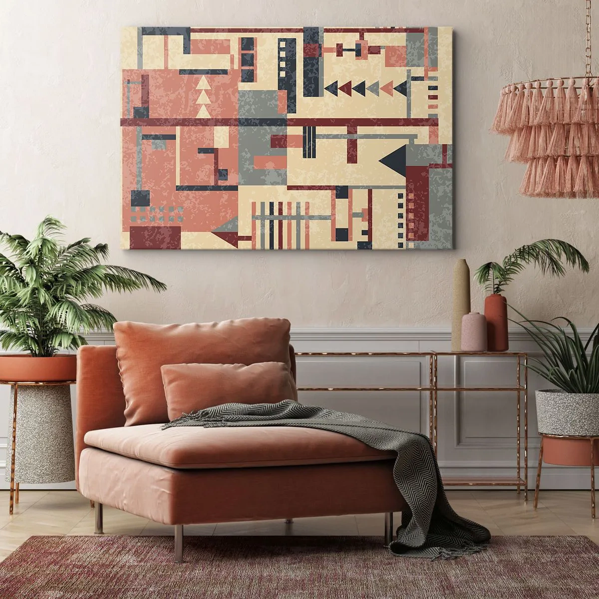 Schilderen op canvas - Geometrisch patroon in pasteltinten beige, rood en grijs - 70x50cm - Een combinatie van verticalen en horizontalen - Moderne wanddecoratie voor woonkamer en slaapkamer ARTTOR