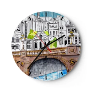 Wandklok - Klok - Illustratie van stedelijke architectuur met een brug - 30x30cm - De stad als geschilderd - Moderne wanddecoratie voor woonkamer, keuken en slaapkamer ARTTOR