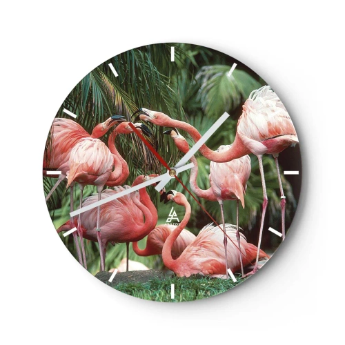 Wandklok - Klok - Roze flamingo's tegen een achtergrond van weelderig tropisch groen - 30x30cm - Middag roddels - Moderne wanddecoratie voor woonkamer, keuken en slaapkamer ARTTOR