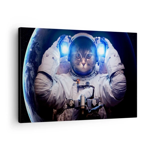 Schilderen op canvas - Een kat in een astronautenpak met de aarde op de achtergrond en een fel licht. - 70x50cm - Houston, je hebt een probleem - Moderne wanddecoratie voor woonkamer en slaapkamer ARTTOR