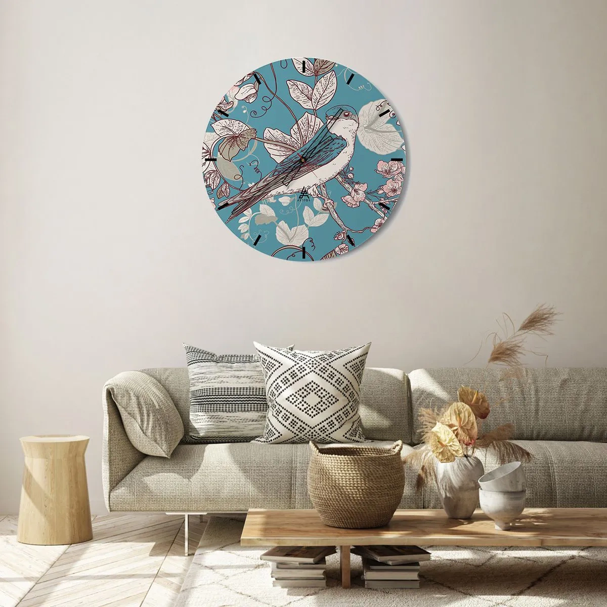 Wandklok - Klok - Een wijzerplaat met een vogelmotief, omgeven door bladeren en bloemen in delicate kleuren. - 30x30cm - In witte abeel met het zingen van de nachtegaal - Moderne wanddecoratie voor woonkamer, keuken en slaapkamer ARTTOR