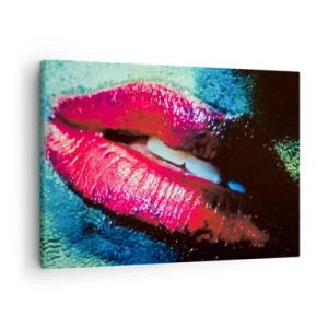 Schilderen op canvas - Close-up van kleurrijke, glanzende lippen tegen een artistieke achtergrond - 70x50cm - Sensueel en verontrustend - Moderne wanddecoratie voor woonkamer en slaapkamer ARTTOR