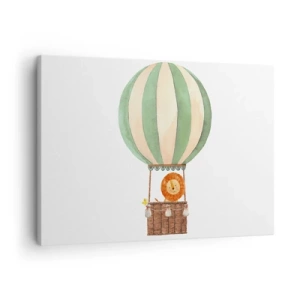 Schilderen op canvas - Een ballon met een lachende leeuw in een pastelkleurige mand - 70x50cm - Leons reizen - Moderne wanddecoratie voor woonkamer en slaapkamer ARTTOR