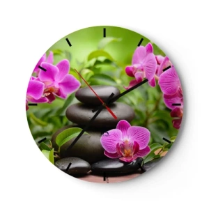 Wandklok - Klok - Zwarte stenen en roze orchideeën tegen een groene achtergrond - 30x30cm - De piramide van vrede - Moderne wanddecoratie voor woonkamer, keuken en slaapkamer ARTTOR