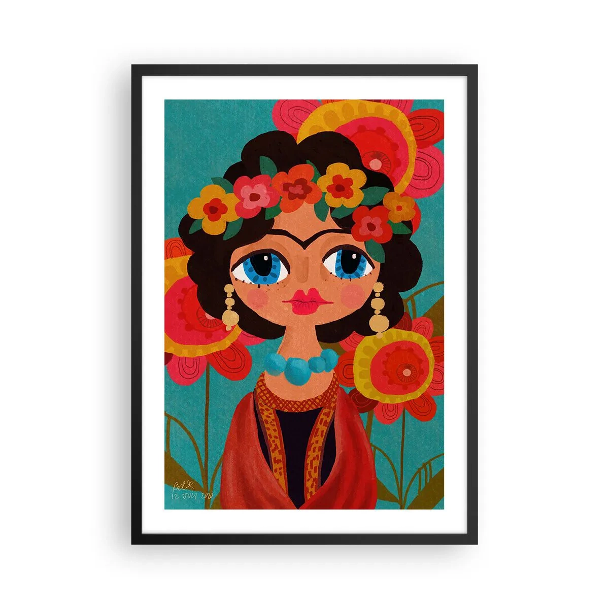 Poster in een zwarte lijst - Kleurrijk portret van een vrouw in volksstijl en een bloemenkrans - 50x70cm - Mevrouw papaver - Moderne wanddecoratie voor woonkamer en slaapkamer ARTTOR