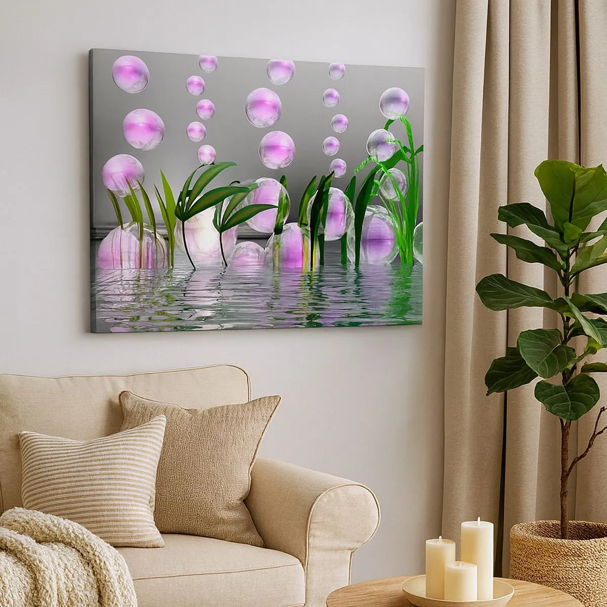 Schilderen op canvas - Groene bladeren en roze bubbels boven het water op een grijze achtergrond - 70x50cm - Een reflecterende compositie van lichtheid en leven - Moderne wanddecoratie voor woonkamer en slaapkamer ARTTOR