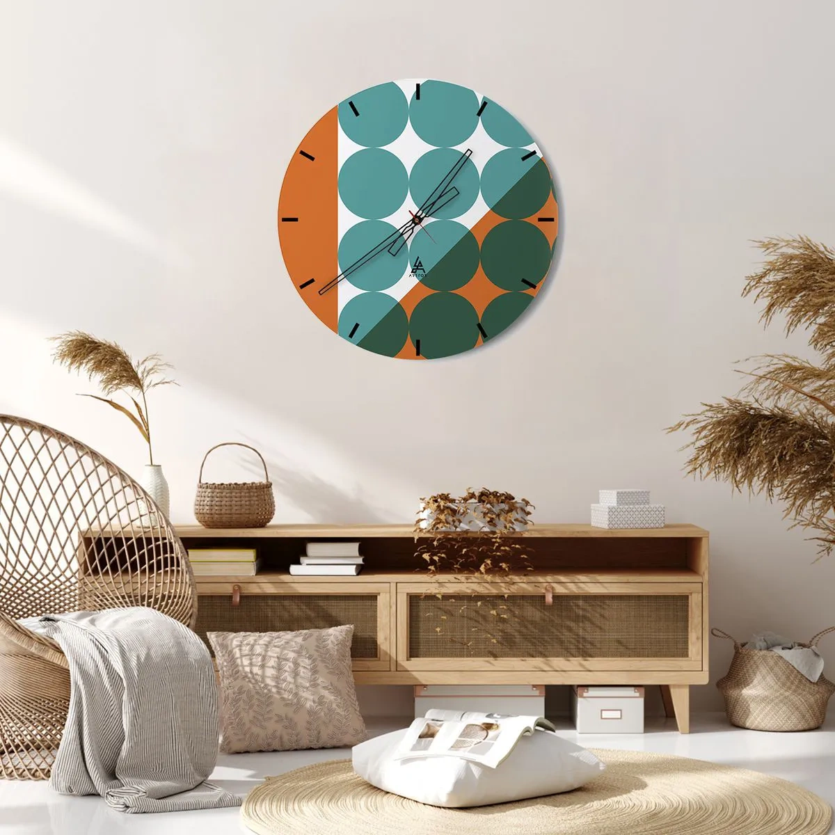 Wandklok - Klok - Geometrische cirkels in tinten groen en oranje - 30x30cm - Omhoog en diagonaal - Moderne wanddecoratie voor woonkamer, keuken en slaapkamer ARTTOR
