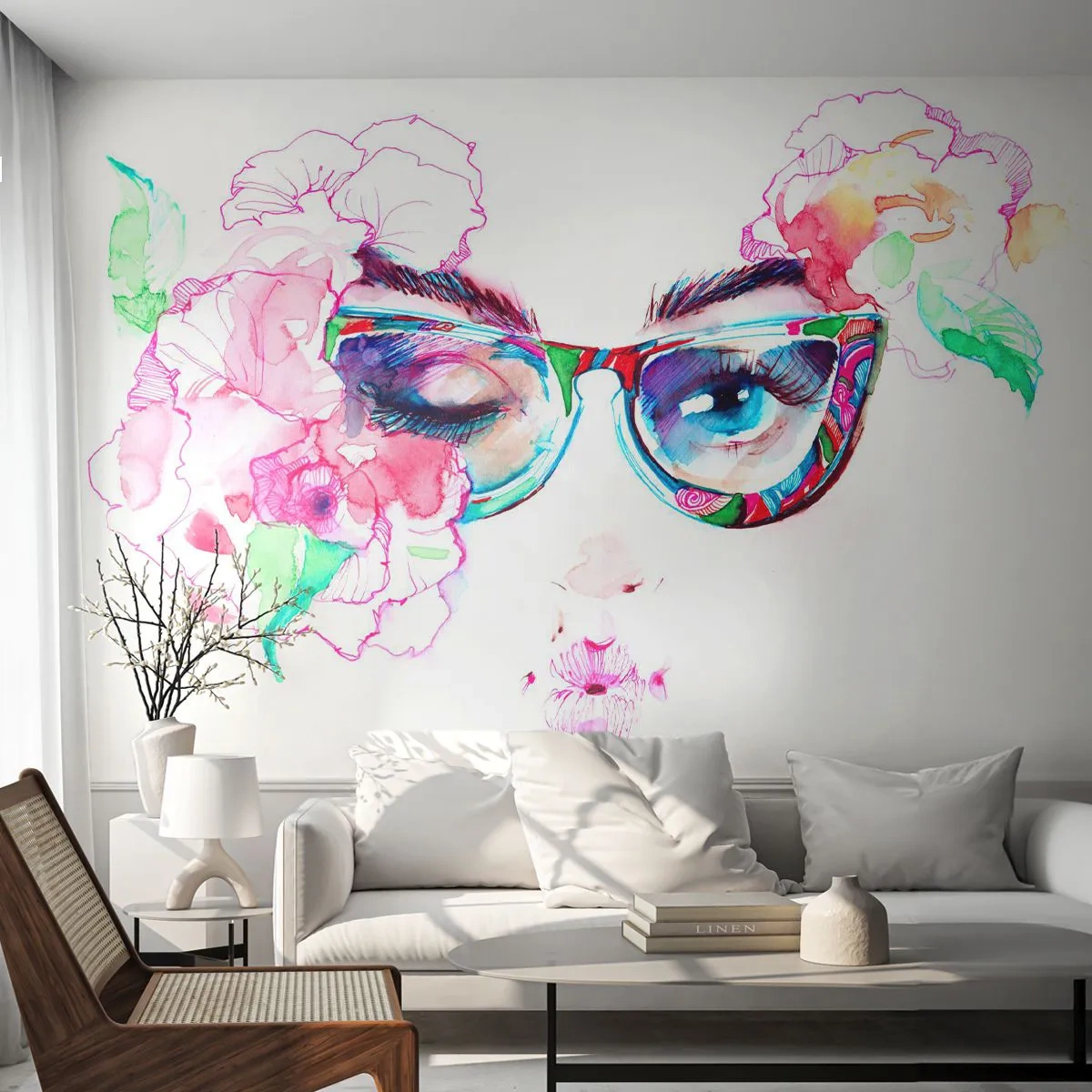 Zelfklevend Fotobehang Deluxe Sticker - Een verleidelijke belofte - Abstractie, De ogen van de vrouw, Bril - 250x175 cm