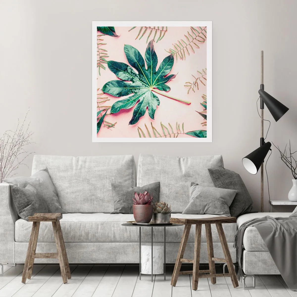 Poster - Een studie van groen op een roze achtergrond - 50x50 cm
