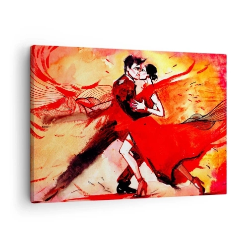 Schilderen op canvas - Een koppel danst tango in rode tinten tegen een dynamische achtergrond. - 70x50cm - Het paarse ritme van passie - Moderne wanddecoratie voor woonkamer en slaapkamer ARTTOR