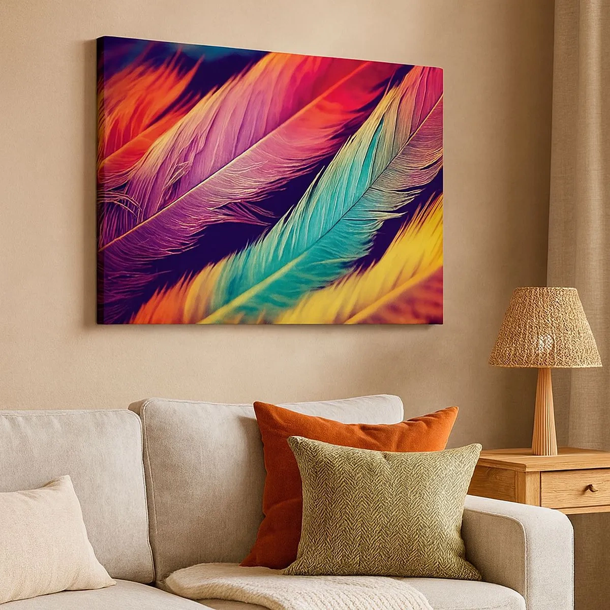 Schilderen op canvas - Kleurrijke veren in intense kleuren - 70x50cm - Gevederde regenboog - Moderne wanddecoratie voor woonkamer en slaapkamer ARTTOR