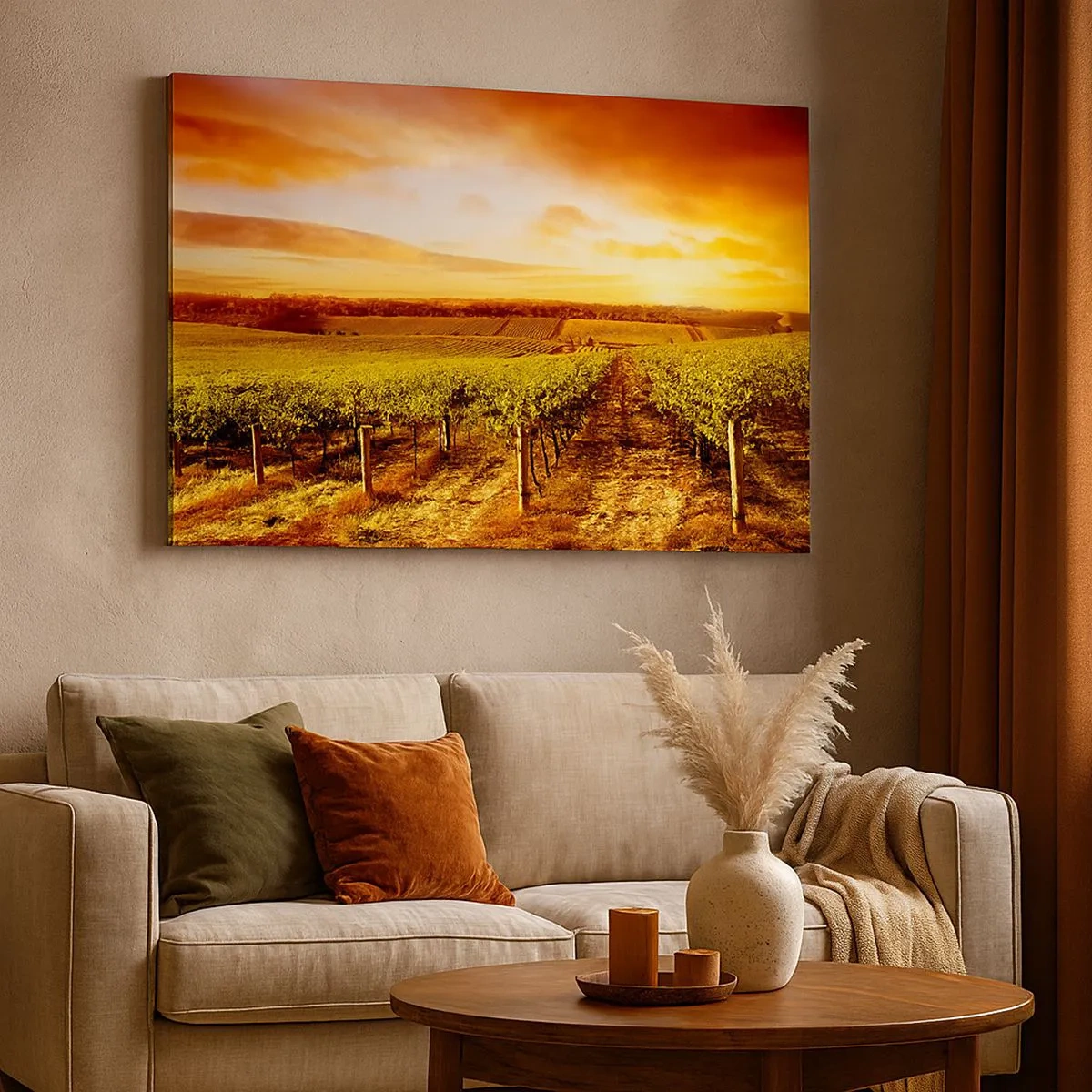 Schilderen op canvas - Wijngaard bij zonsondergang met warme luchttinten - 70x50cm - Licht fruitig met een vleugje zonneschijn - Moderne wanddecoratie voor woonkamer en slaapkamer ARTTOR