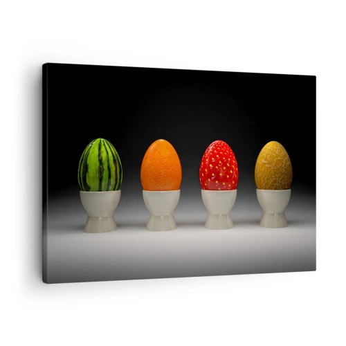 Schilderen op canvas - Kleurrijke eieren die op fruit lijken op een donkere achtergrond - 70x50cm - Fruit ontbijt - Moderne wanddecoratie voor woonkamer en slaapkamer ARTTOR
