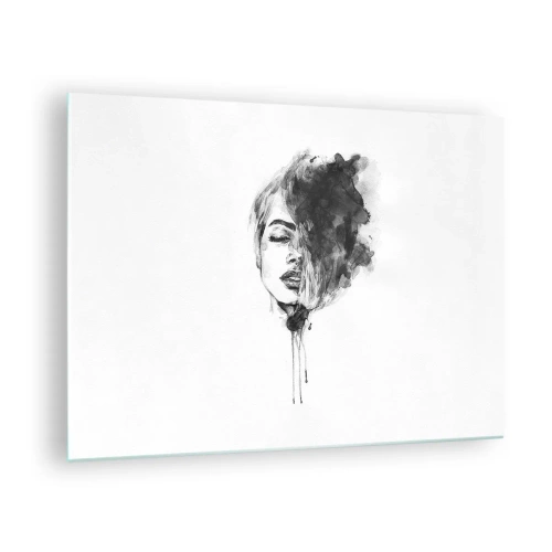 Schilderen op glas - Zwart-witportret van een vrouw met een abstracte schaduw - 70x50cm - Waar droomt het meisje over? - Moderne wanddecoratie voor woonkamer en slaapkamer ARTTOR