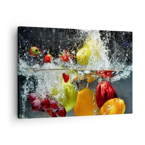 Schilderen op canvas - Kleurrijke vruchten in water tijdens dynamische onderdompeling - 70x50cm - Fruit verfrissing - Moderne wanddecoratie voor woonkamer en slaapkamer ARTTOR
