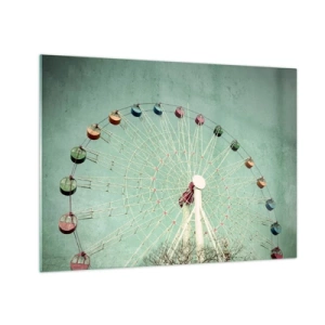 Schilderen op glas - Een kleurrijk reuzenrad tegen een pastelgroene achtergrond - 70x50cm - Wij nodigen u uit om plezier te hebben - Moderne wanddecoratie voor woonkamer en slaapkamer ARTTOR