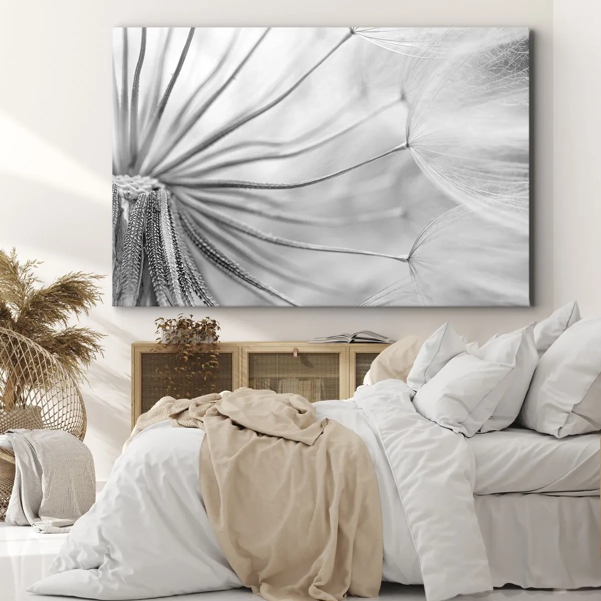 Schilderen op canvas - Delicate paardenbloemen in zwart-wit tinten - 70x50cm - Paardebloemen, vliegers - Moderne wanddecoratie voor woonkamer en slaapkamer ARTTOR