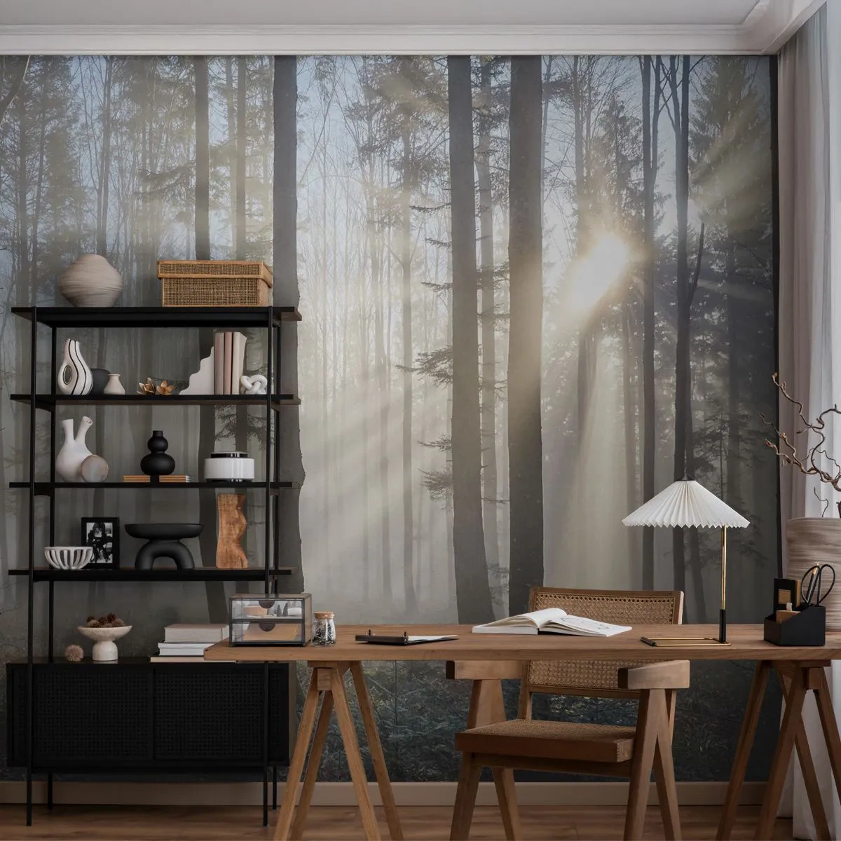 Fotobehang Premium Sand - De mist werd ook wakker - Landschap, Woud, Mist - 100x70 cm