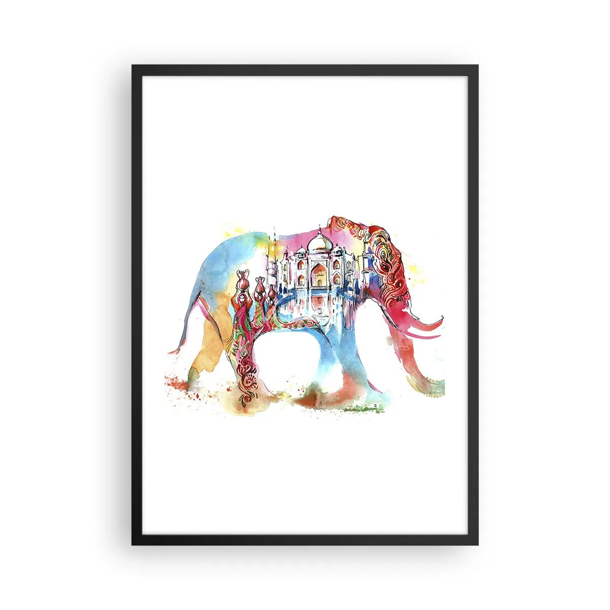 Poster in een zwarte lijst - Kleurrijke olifant met Indiase motieven en de Taj Mahal - 50x70cm - India - de uitstraling van liefde - Moderne wanddecoratie voor woonkamer en slaapkamer ARTTOR