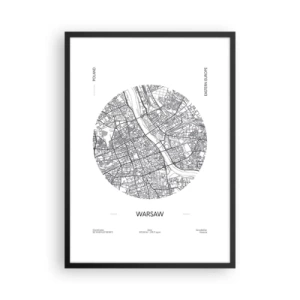 Poster in een zwarte lijst - Minimalistische kaart van Warschau in een cirkel - 50x70cm - Anatomie van Warschau - Moderne wanddecoratie voor woonkamer en slaapkamer ARTTOR