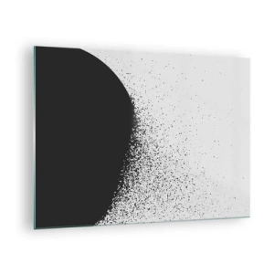 Schilderen op glas - Abstractie van een zwarte massa die uit elkaar valt op een witte achtergrond - 70x50cm - Beweging van moleculen - Moderne wanddecoratie voor woonkamer en slaapkamer ARTTOR