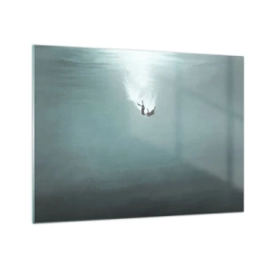 Schilderen op glas - Het silhouet van een man ondergedompeld in de blauwe diepten van de oceaan - 70x50cm - In de armen van de oceaan - Moderne wanddecoratie voor woonkamer en slaapkamer ARTTOR