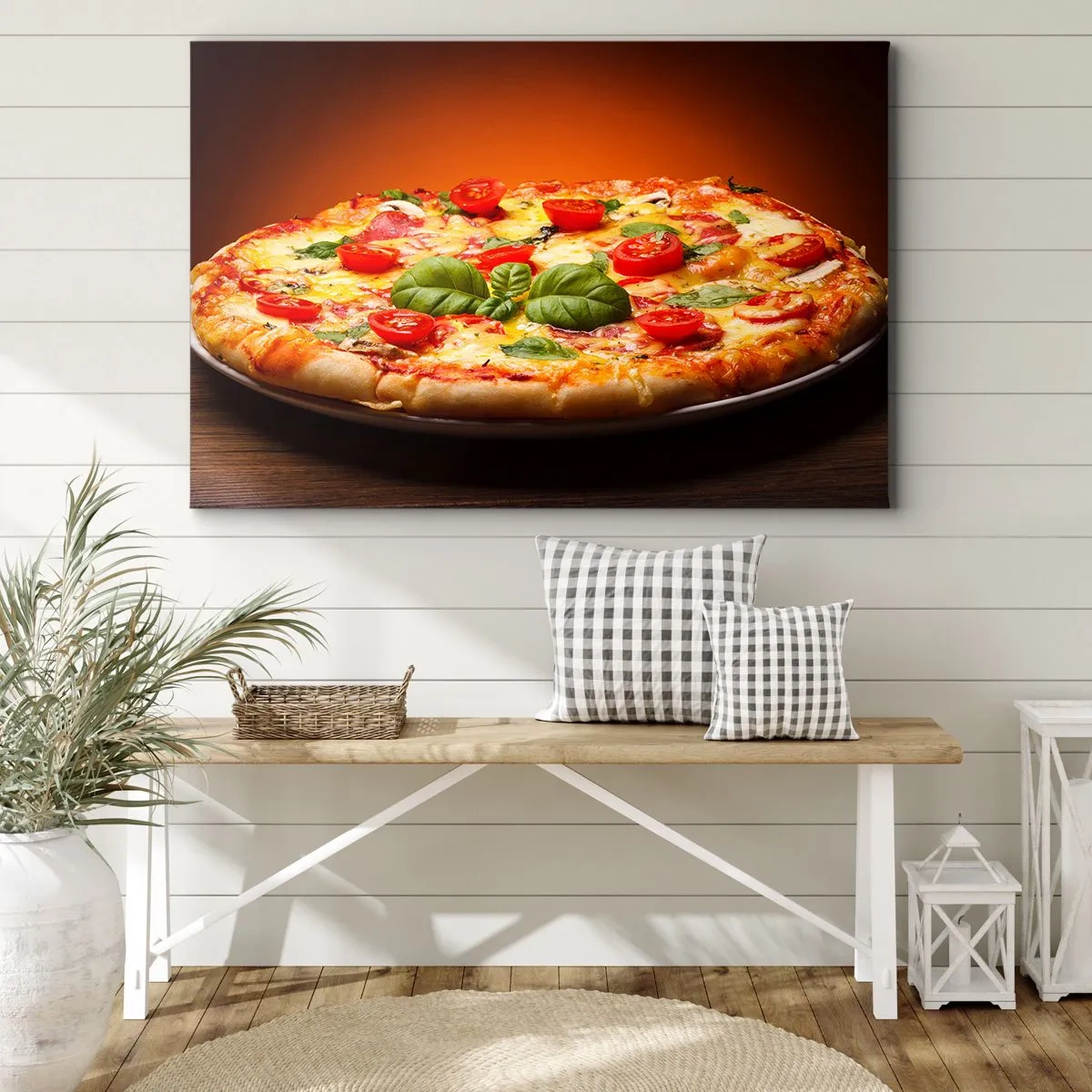 Schilderen op canvas - Pizza met tomaten en basilicum op een houten tafel - 70x50cm - Mama Mia! - Moderne wanddecoratie voor woonkamer en slaapkamer ARTTOR