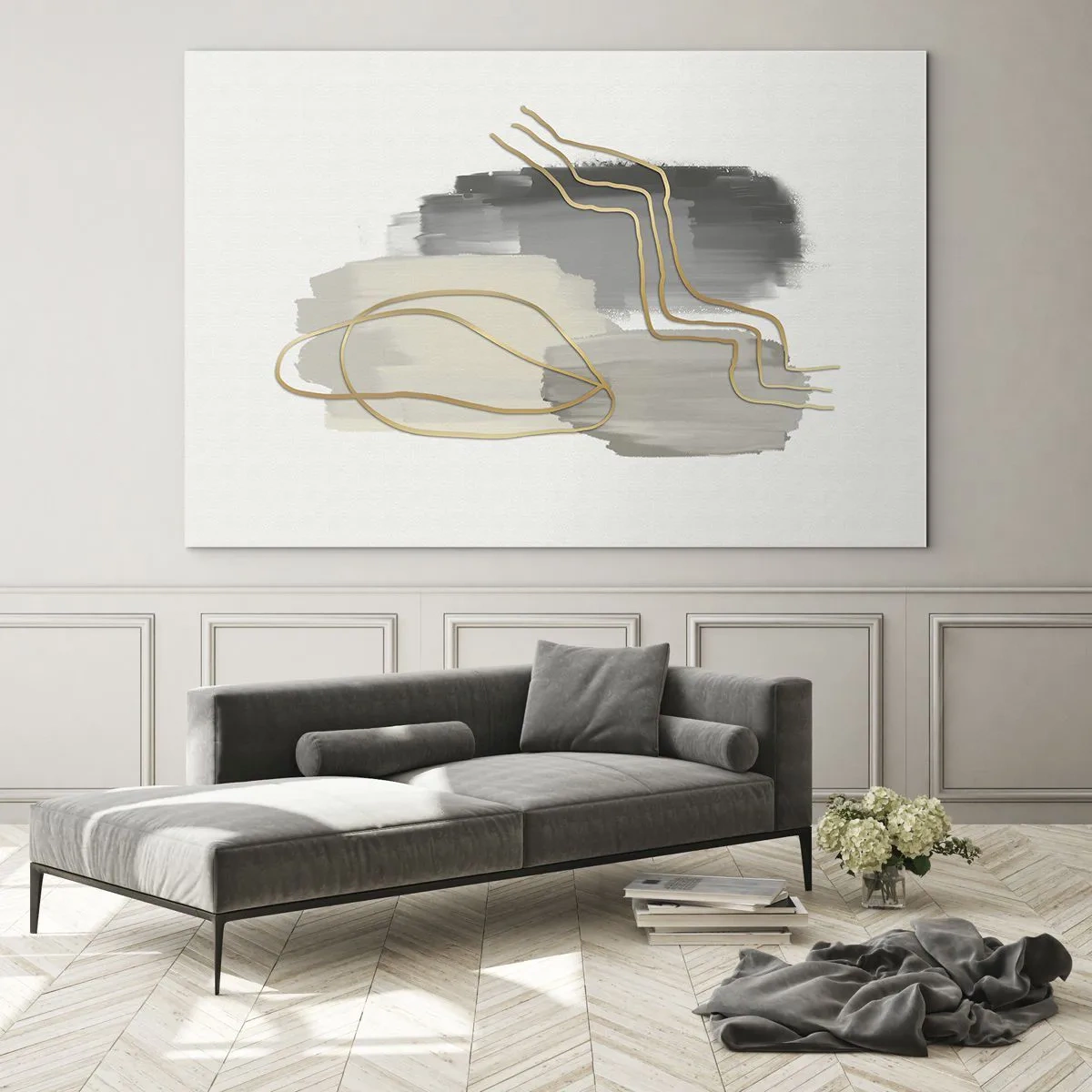 Schilderen op glas - Abstractie met grijze vlekken en gouden lijnen op een lichte achtergrond - 70x50cm - Duur en beweging - Moderne wanddecoratie voor woonkamer en slaapkamer ARTTOR