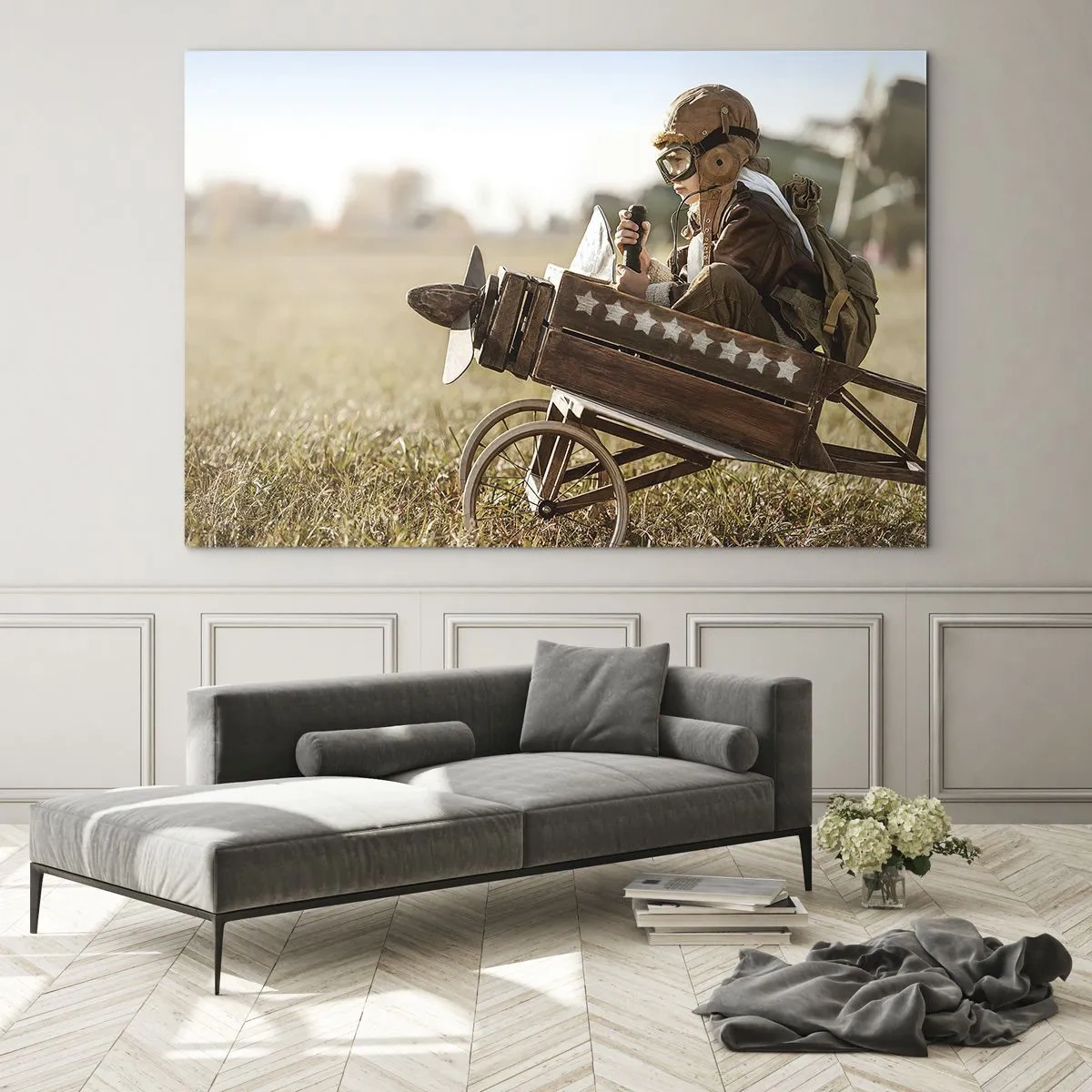 Schilderen op glas - Een kind in een houten vliegtuigje doet alsof hij een piloot is, gekleed in pilotenkleding. - 70x50cm - Begin naar een droom - Moderne wanddecoratie voor woonkamer en slaapkamer ARTTOR