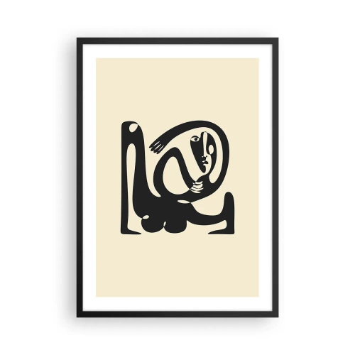Poster in een zwarte lijst - Abstract figuur op een beige achtergrond met zwarte lijnen - 50x70cm - Bijna Picasso - Moderne wanddecoratie voor woonkamer en slaapkamer ARTTOR