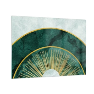 Schilderen op glas - Gouden stralen tegen een achtergrond van groene halve cirkels met een marmeren structuur - 70x50cm - Een ander zonnestelsel - Moderne wanddecoratie voor woonkamer en slaapkamer ARTTOR
