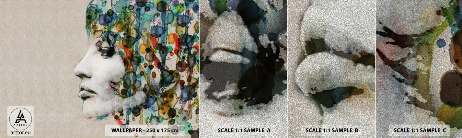 Fotobehang Monster Premium Sand - Ze kwam uit het grijs - Het gezicht van de vrouw, Abstractie, Grafisch - 100x30 cm