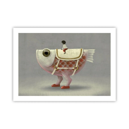 Poster - Ruiter op een surrealistische vis - 70x50 cm