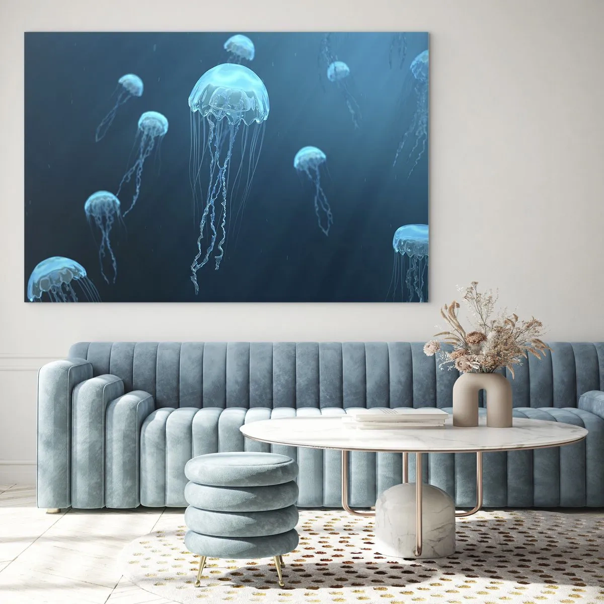Schilderen op glas - Kwallen drijven in de diepblauwe oceaan - 70x50cm - Oceaandans - Moderne wanddecoratie voor woonkamer en slaapkamer ARTTOR