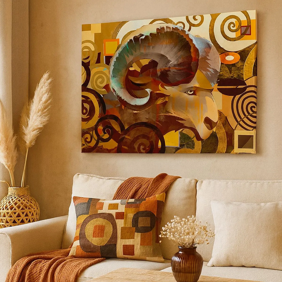 Schilderen op canvas - Een symbolische ram in een abstracte compositie - 70x50cm - Magie - religies - rituelen - Moderne wanddecoratie voor woonkamer en slaapkamer ARTTOR