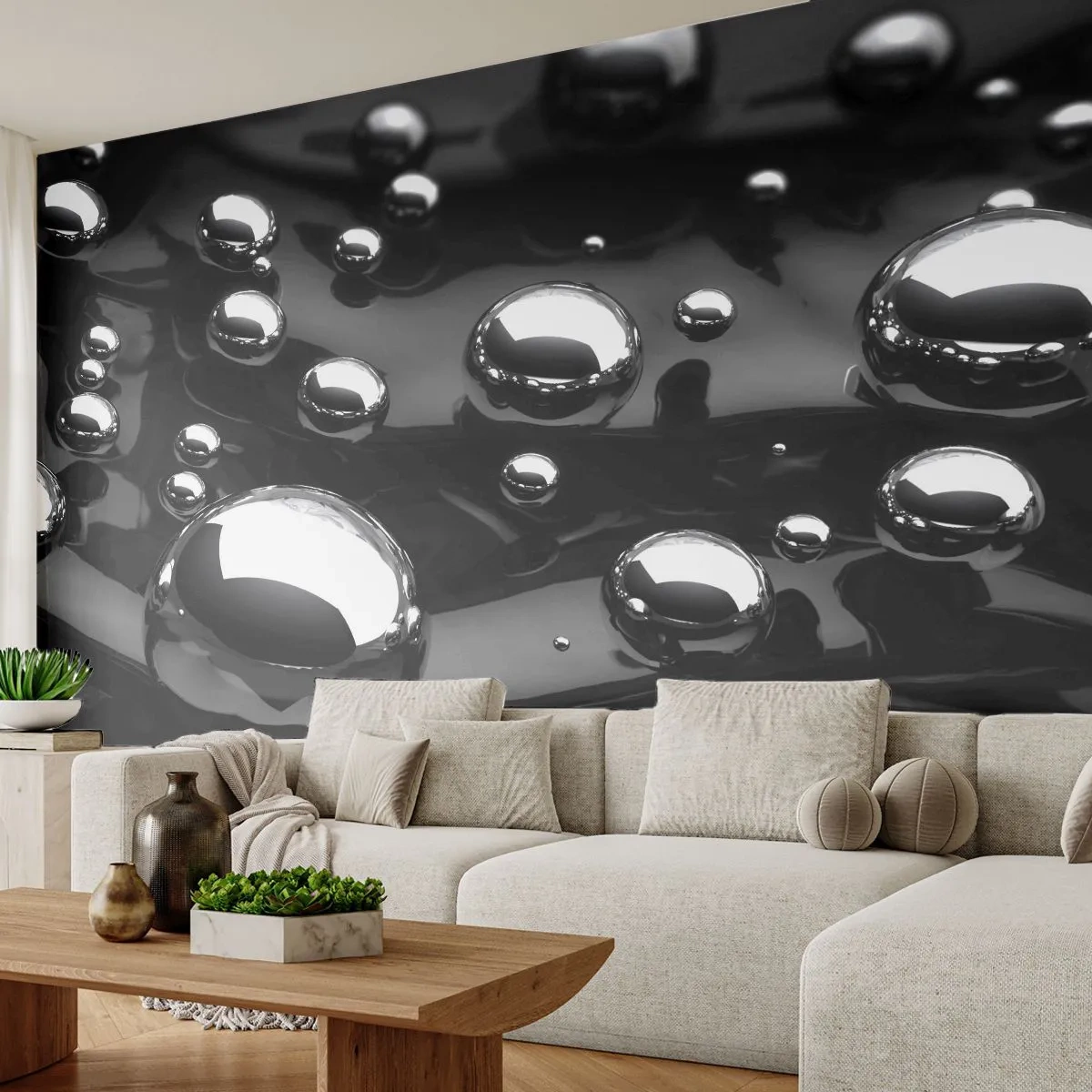 Fotobehang op maat Standard Eco - Uit het zwarte water - Abstractie, Chromen ballen, 3D