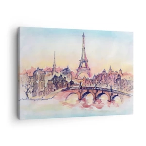 Schilderen op canvas - Aquarelpanorama van Parijs met de Eiffeltoren bij zonsondergang - 70x50cm - De enige dergelijke stad ter wereld - Moderne wanddecoratie voor woonkamer en slaapkamer ARTTOR