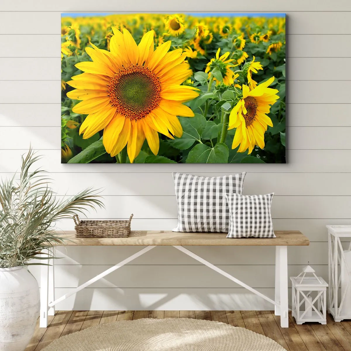 Schilderen op canvas - Een veld zonnebloemen met gele bloemen tegen een achtergrond van groene bladeren - 70x50cm - Honderden zonnen vlamden op - Moderne wanddecoratie voor woonkamer en slaapkamer ARTTOR
