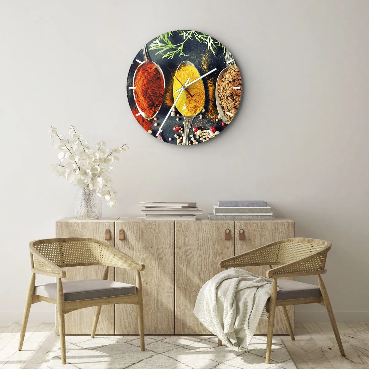Wandklok - Klok - Kleurrijke kruiden en specerijen gerangschikt op lepels - 30x30cm - Culinaire magie - Moderne wanddecoratie voor woonkamer, keuken en slaapkamer ARTTOR