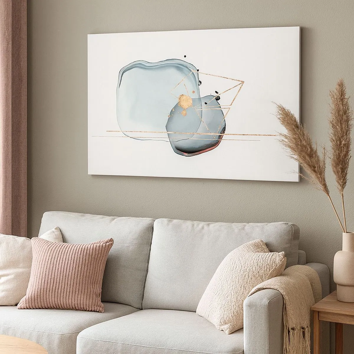 Schilderen op canvas - Abstracte vormen in tinten blauw en goud op een witte achtergrond - 70x50cm - Een studie van druppels - Moderne wanddecoratie voor woonkamer en slaapkamer ARTTOR