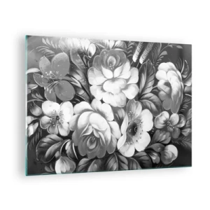 Schilderen op glas - Een elegant boeket bloemen in grijstinten - 70x50cm - Zelfs in grijs mooi - Moderne wanddecoratie voor woonkamer en slaapkamer ARTTOR