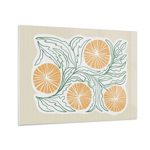 Schilderen op glas - Oranje vruchten en groene bladeren in een grafische compositie - 70x50cm - Etnisch met een vleugje abstractie - Moderne wanddecoratie voor woonkamer en slaapkamer ARTTOR