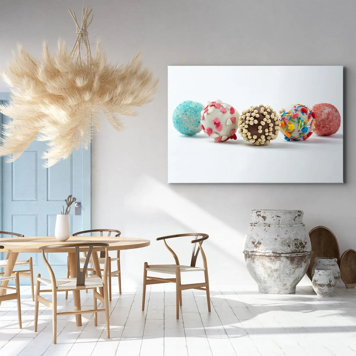 Schilderen op canvas - Kleurrijke pralines met versieringen op een witte achtergrond - 70x50cm - Het leven kan zoet zijn - Moderne wanddecoratie voor woonkamer en slaapkamer ARTTOR